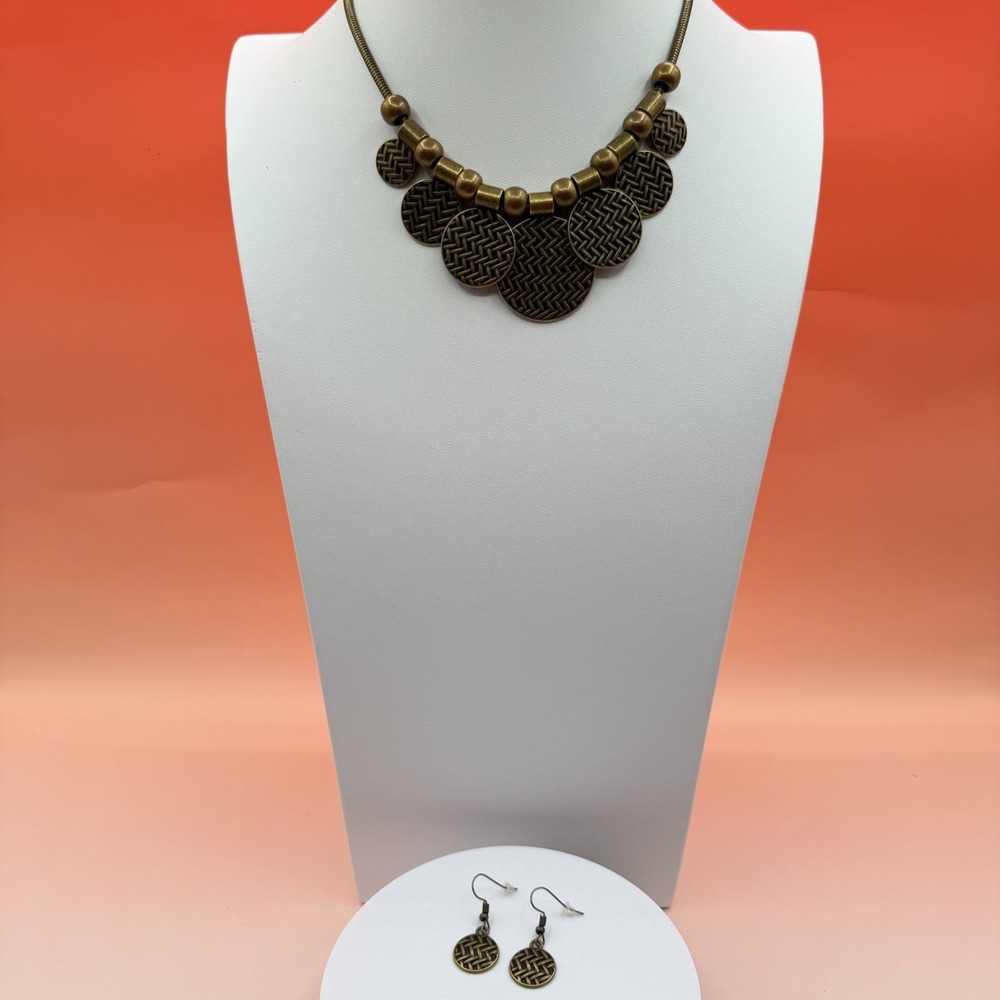 Antique Brass Tone Woven Disc Bib Necklace Earrings Set Boho Statement Jewelry